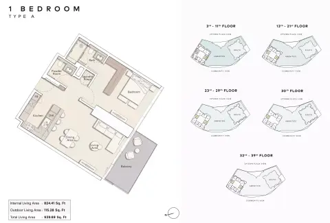 Plattegrond van 1 slaapkamer in Mercer House