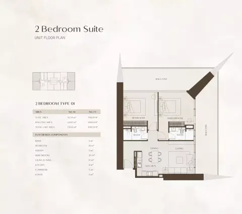 Plattegrond van 2 slaapkamers in One By Binghatti
