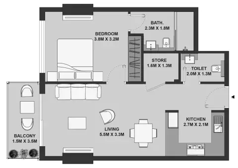 Plattegrond van 1 slaapkamer in Maison Elysee By Pantheon Development