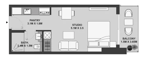 Plattegrond van Studio in Maison Elysee By Pantheon Development