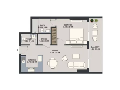 Plattegrond van 1 slaapkamer in Maison Elysee By Pantheon Development