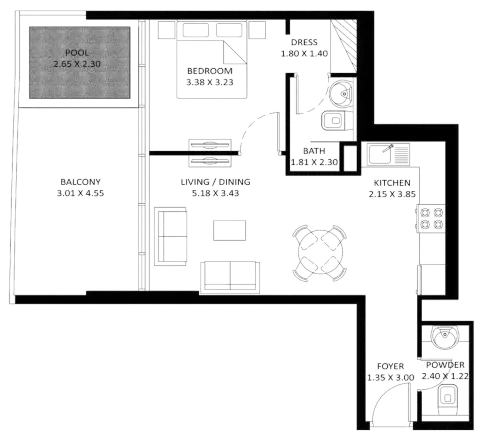 Plattegrond van 1 slaapkamer in Oceanz By Danube
