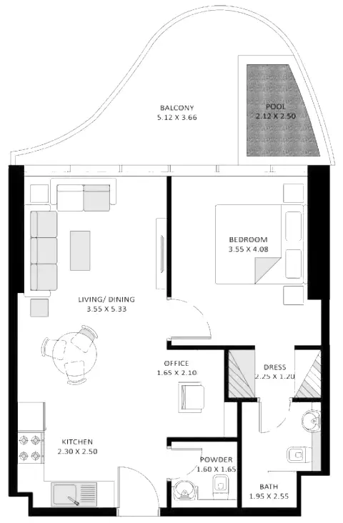 Plattegrond van 1 slaapkamer in Oceanz By Danube