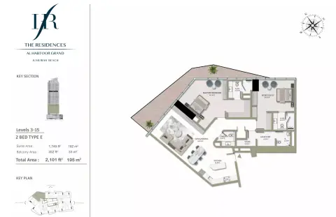 Plattegrond van 2 slaapkamers in Habtoor Grand Residences