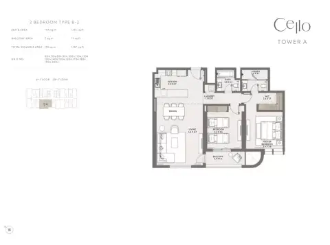 Plattegrond van 2 slaapkamers in Cello