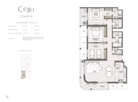 Plattegrond van 3 slaapkamers in Cello