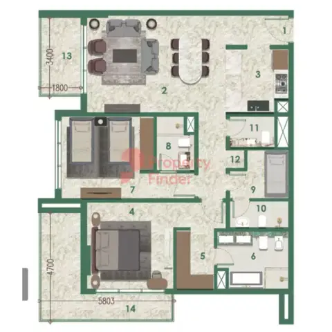 Plattegrond van 2 slaapkamers in Avenue Residence Phase 6 By Nabni