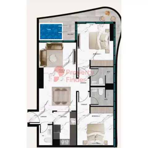 Plattegrond van 2 slaapkamers in Samana Barari Views