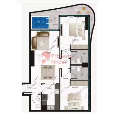 Plattegrond van 2 slaapkamers in Samana Barari Views