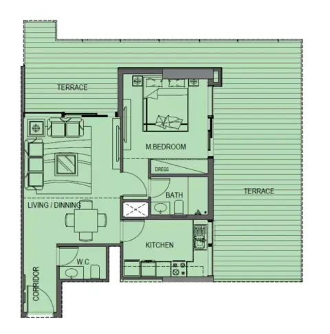 Plattegrond van 1 slaapkamer in Celia Heights