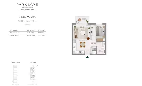Plattegrond van 1 slaapkamer in Park Lane Residences by Emaar