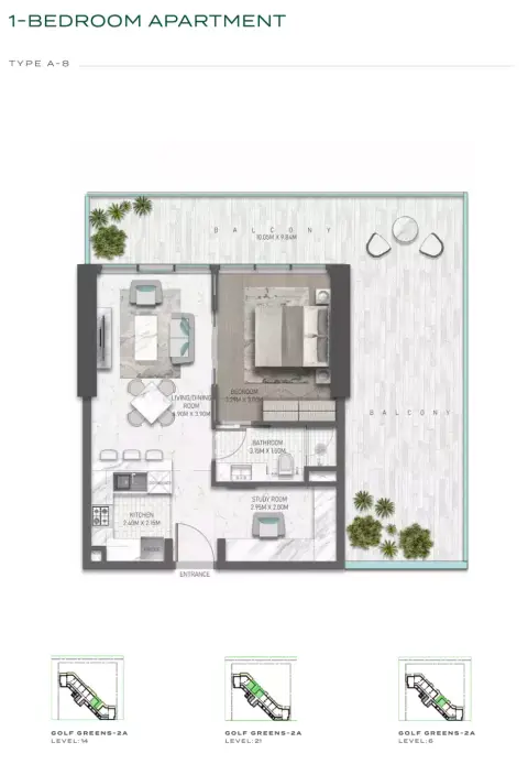 Plattegrond van 1 slaapkamer in Golf Greens