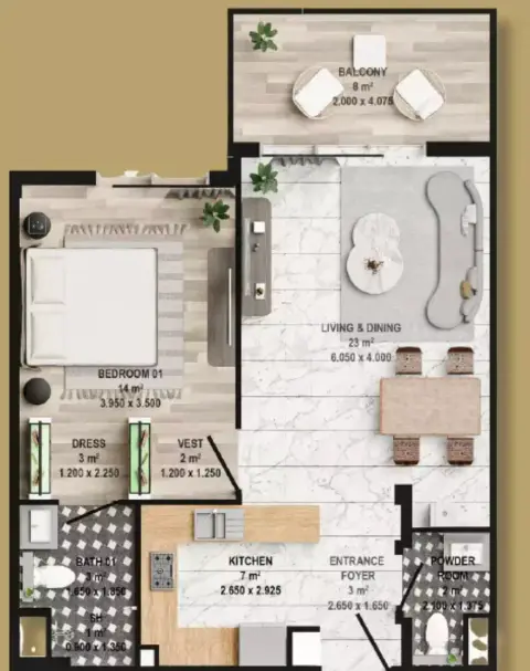 Plattegrond van 1 slaapkamer in Aura Elegance
