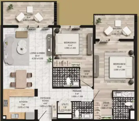 Plattegrond van 2 slaapkamers in Aura Elegance