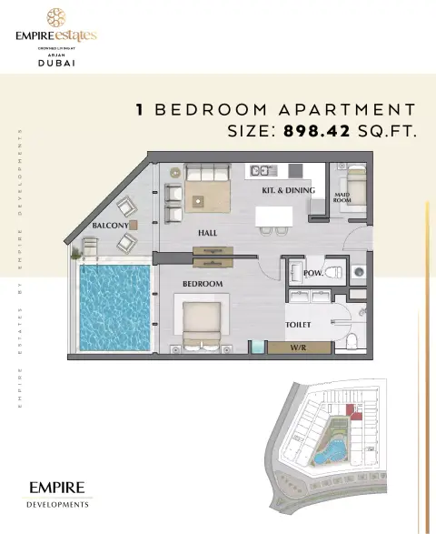 Plattegrond van 1 slaapkamer in Empire Estates