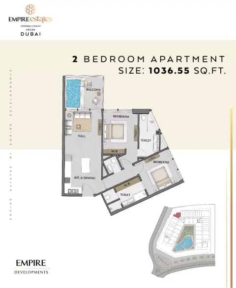 Plattegrond van 2 slaapkamers in Empire Estates