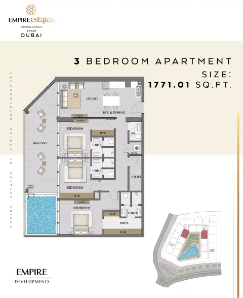 Plattegrond van 3 slaapkamers in Empire Estates