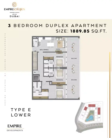Plattegrond van 3 slaapkamers in Empire Estates