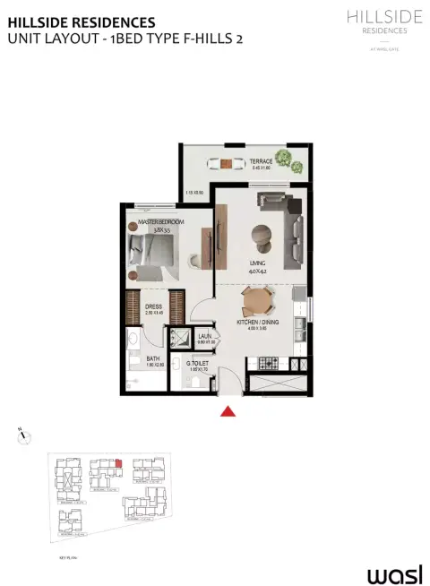 Plattegrond van 1 slaapkamer in Hillside Residences By Wasl Properties