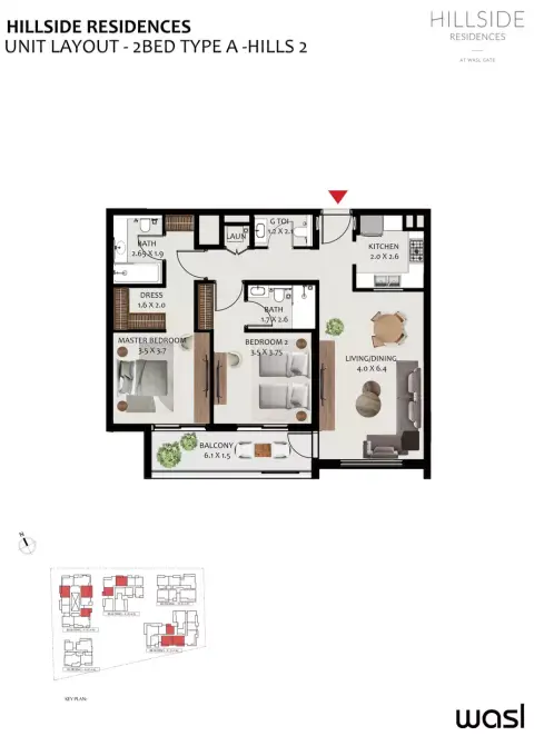Plattegrond van 2 slaapkamers in Hillside Residences By Wasl Properties