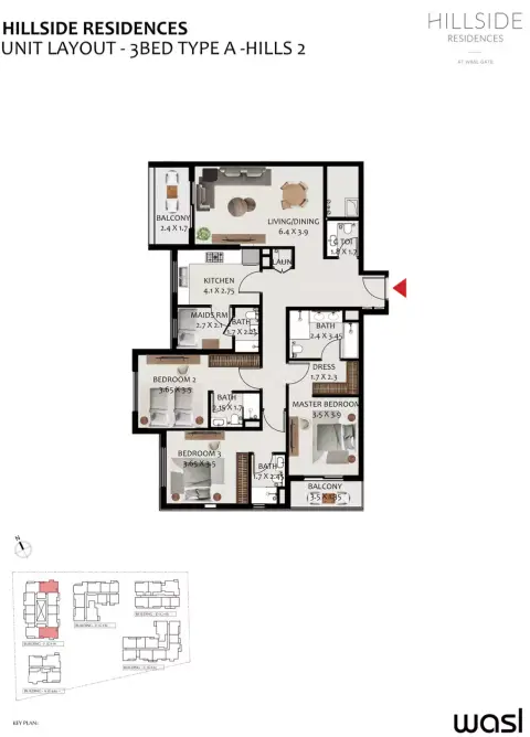 Plattegrond van 3 slaapkamers in Hillside Residences By Wasl Properties