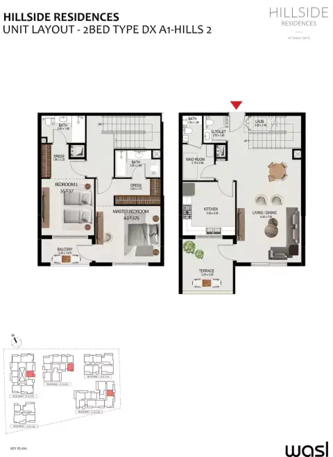 Plattegrond van 2 slaapkamers in Hillside Residences By Wasl Properties