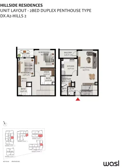 Plattegrond van 2 slaapkamers in Hillside Residences By Wasl Properties
