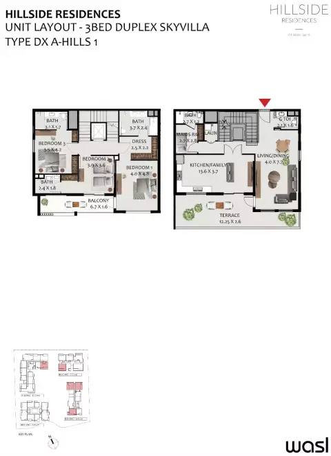 Plattegrond van 3 slaapkamers in Hillside Residences By Wasl Properties
