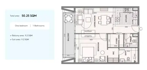 Plattegrond van 1 slaapkamer in Cubix Residences