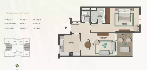 Plattegrond van 1 slaapkamer in Cresswell Residences