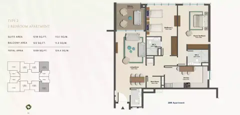 Plattegrond van 2 slaapkamers in Cresswell Residences
