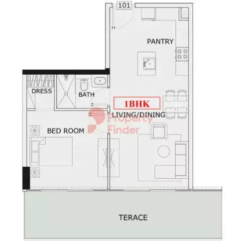 Plattegrond van 1 slaapkamer in Gardens Phase 2 By Iman