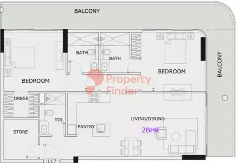 Plattegrond van 2 slaapkamers in Gardens Phase 2 By Iman