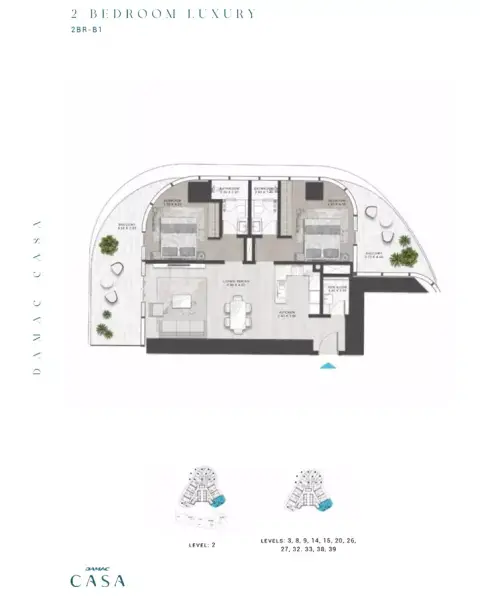 Plattegrond van 2 slaapkamers in Damac Casa