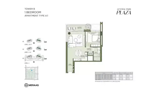 Plattegrond van 1 slaapkamer in Central Park Plaza