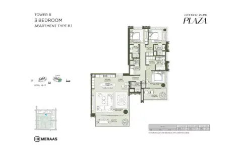 Plattegrond van 3 slaapkamers in Central Park Plaza