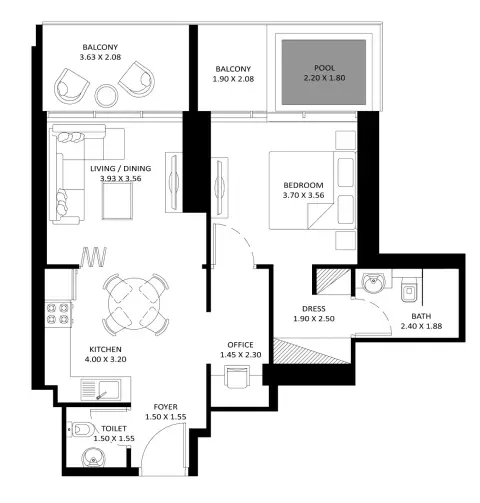 Plattegrond van 2 slaapkamers in Elitz Phase 3 By Danube