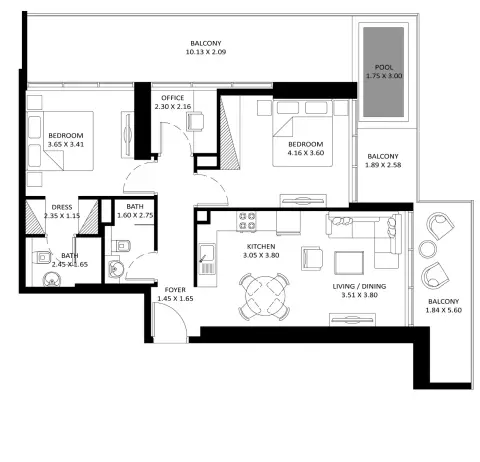 Plattegrond van 2 slaapkamers in Elitz Phase 3 By Danube