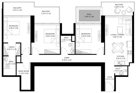 Plattegrond van 3 slaapkamers in Elitz Phase 3 By Danube