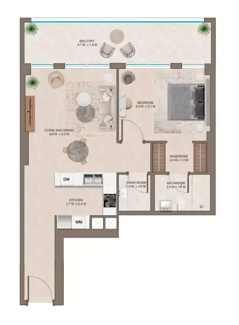Plattegrond van 1 slaapkamer in The Corner