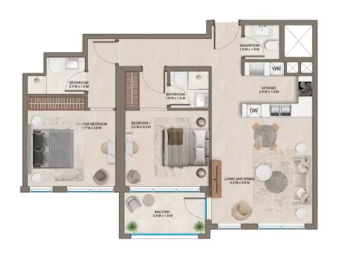 Plattegrond van 2 slaapkamers in The Corner