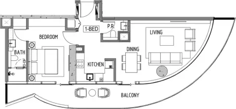 Plattegrond van 1 slaapkamer in Volta Tower