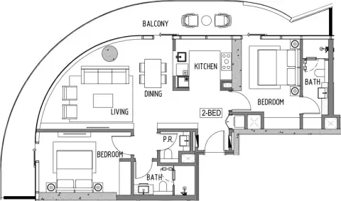Plattegrond van 2 slaapkamers in Volta Tower