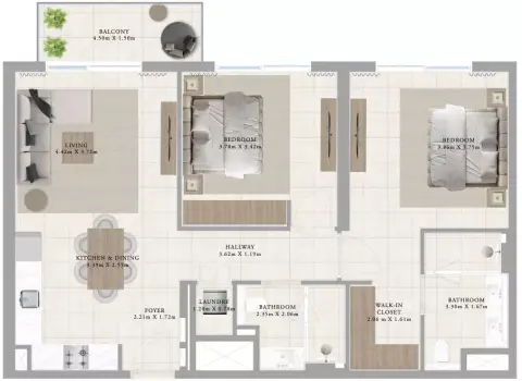 Plattegrond van 2 slaapkamers in Greenside Residence