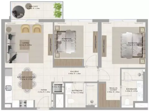 Plattegrond van 2 slaapkamers in Greenside Residence