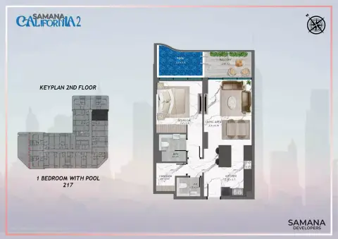 Plattegrond van 1 slaapkamer in Samana California
