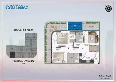 Plattegrond van 2 slaapkamers in Samana California