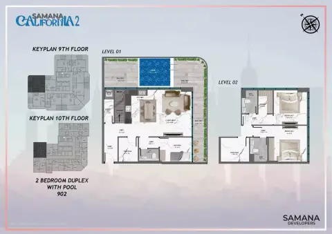 Plattegrond van 2 slaapkamers in Samana California
