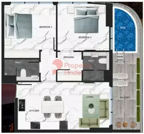 Plattegrond van 2 slaapkamers in Samana California