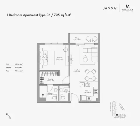 Plattegrond van 1 slaapkamer in Jannat